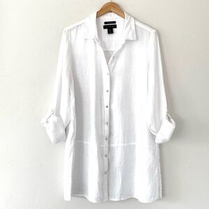 Tahari White Linen Mini Long Sleeve Shirt Dress Tunic L Beach Vacation Cruise